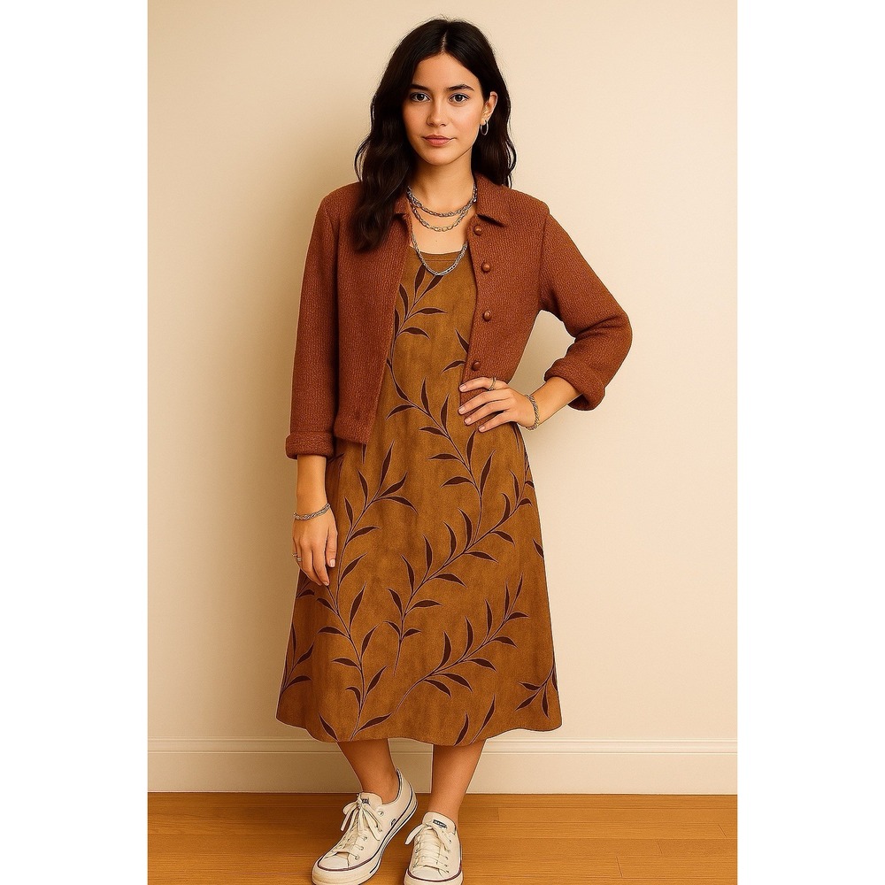 Vintage‎ Jessica Howard Earthy Brown 2 Pc Dress Set Knit Jacket Boho Cottagecore